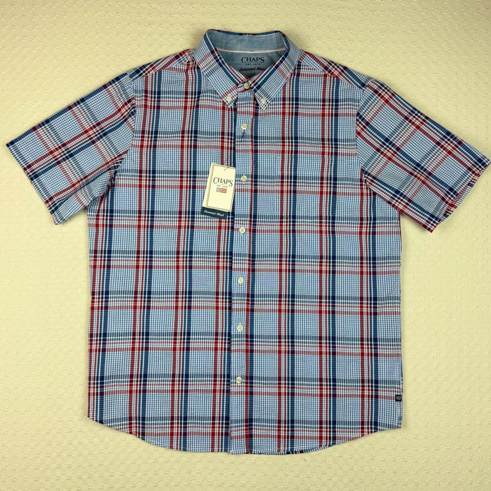 NWT Chaps Seacoast Wash Seersucker Woven Plaid Button Down Shirt Mens L Blue Red
